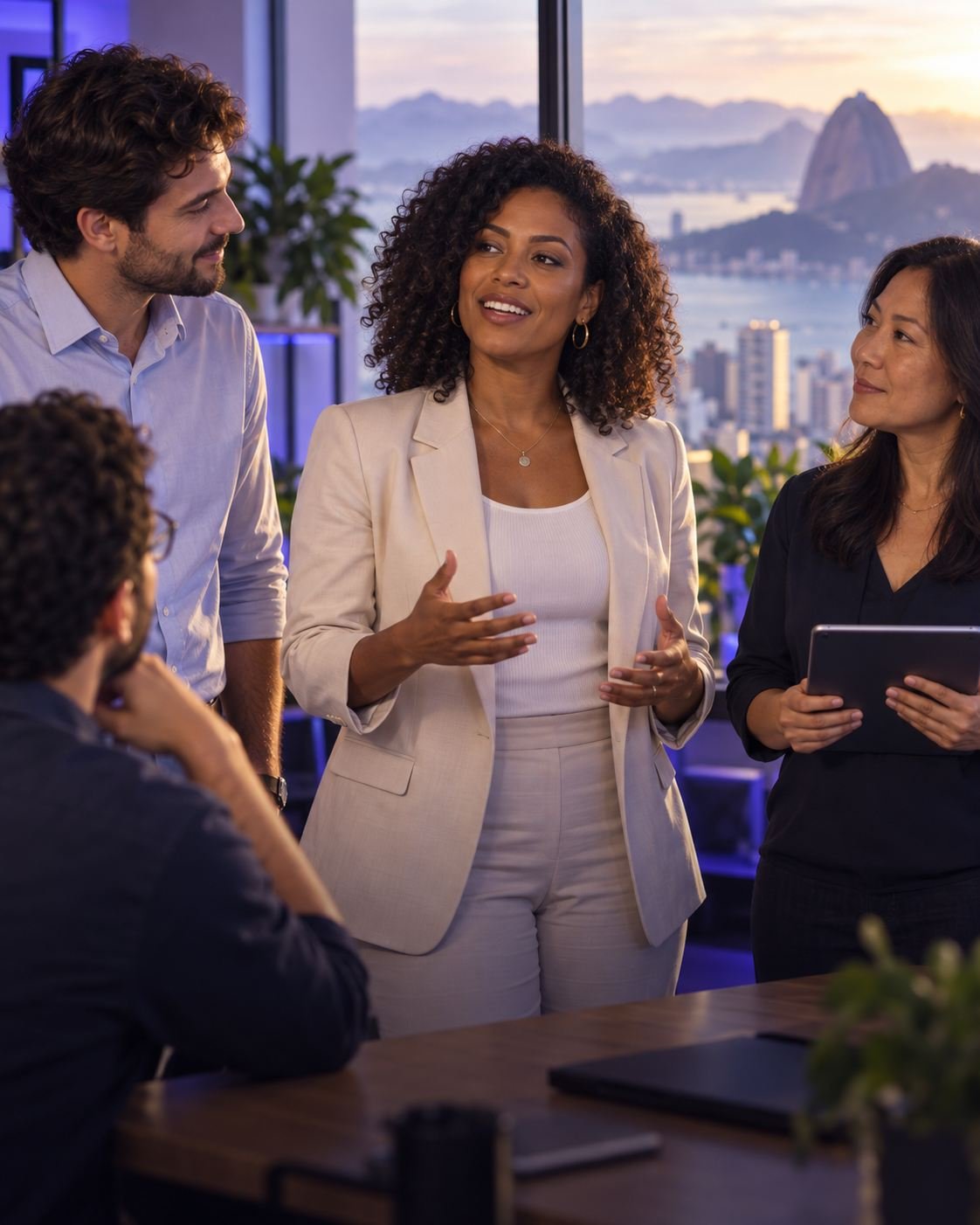 Equipe de uma pequena empresa carioca reunida em escritório moderno