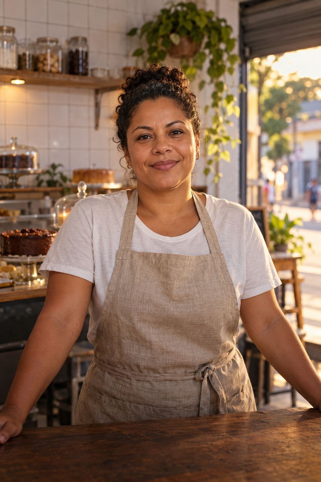 Microempreendedora carioca sorrindo no próprio negócio